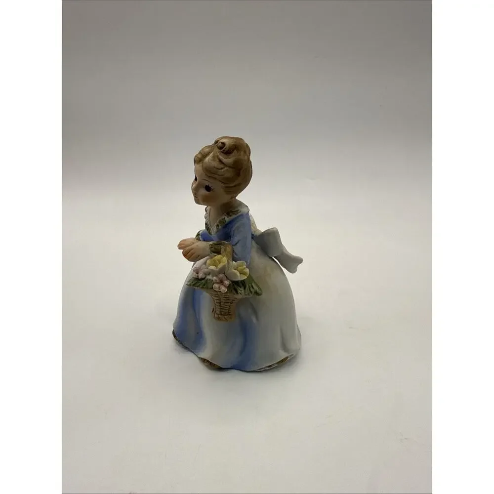 Vintage Ceramic Figurine Girl in Blue & White Dress Holding Flowers Japan *